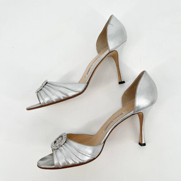 Vintage Manolo Blahnik Silver Leather y2k Sedaraby Crystal D’Orsay Heels IT 41.5 - Picture 6 of 15